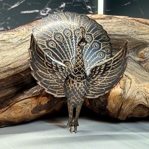 Vintage Siam Sterling Silver Niello Peacock Brooch Hinged Articulated Tail 22.9g